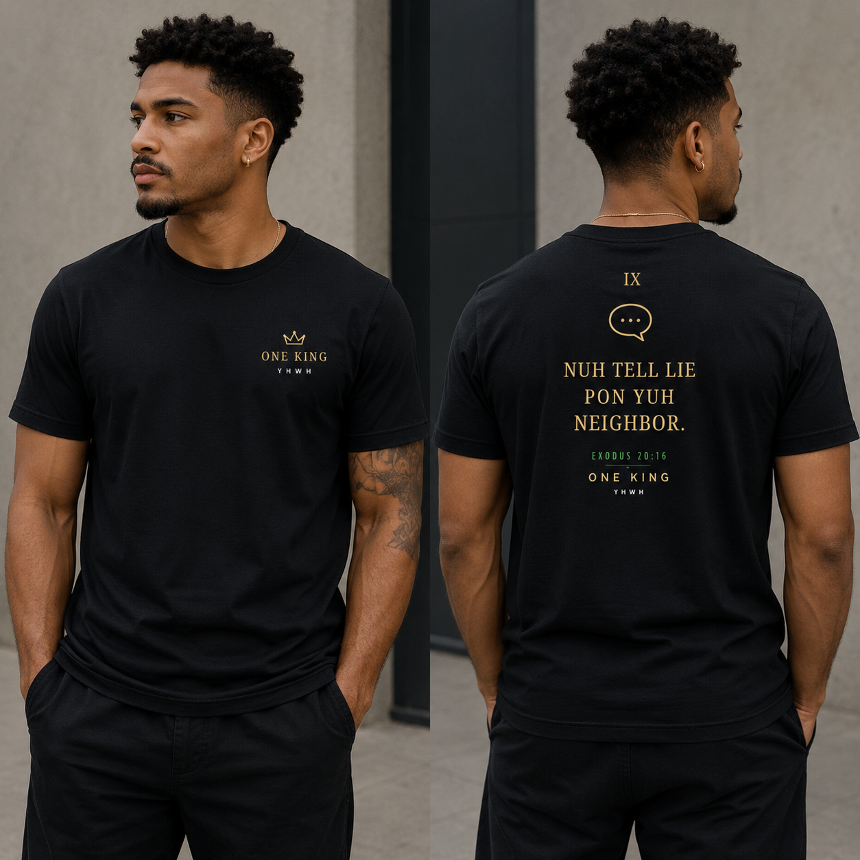 Man wearing a black t-shirt with text on the front and back, standing against a neutral background. Ninth commandment 9 Nuh tell lie pon yuh neighbor Exodus 20:16