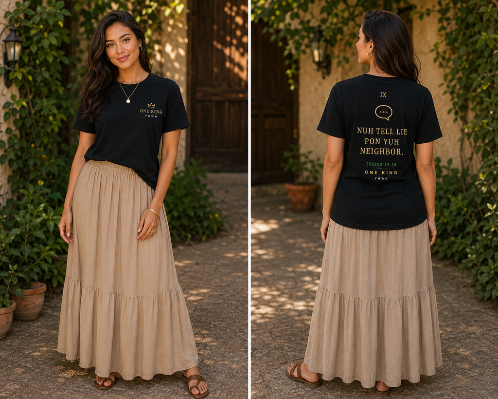 Woman wearing a black t-shirt with text and a beige skirt, standing outdoors. Ninth commandment 9 Nuh tell lie pon yuh neighbor Exodus 20:16