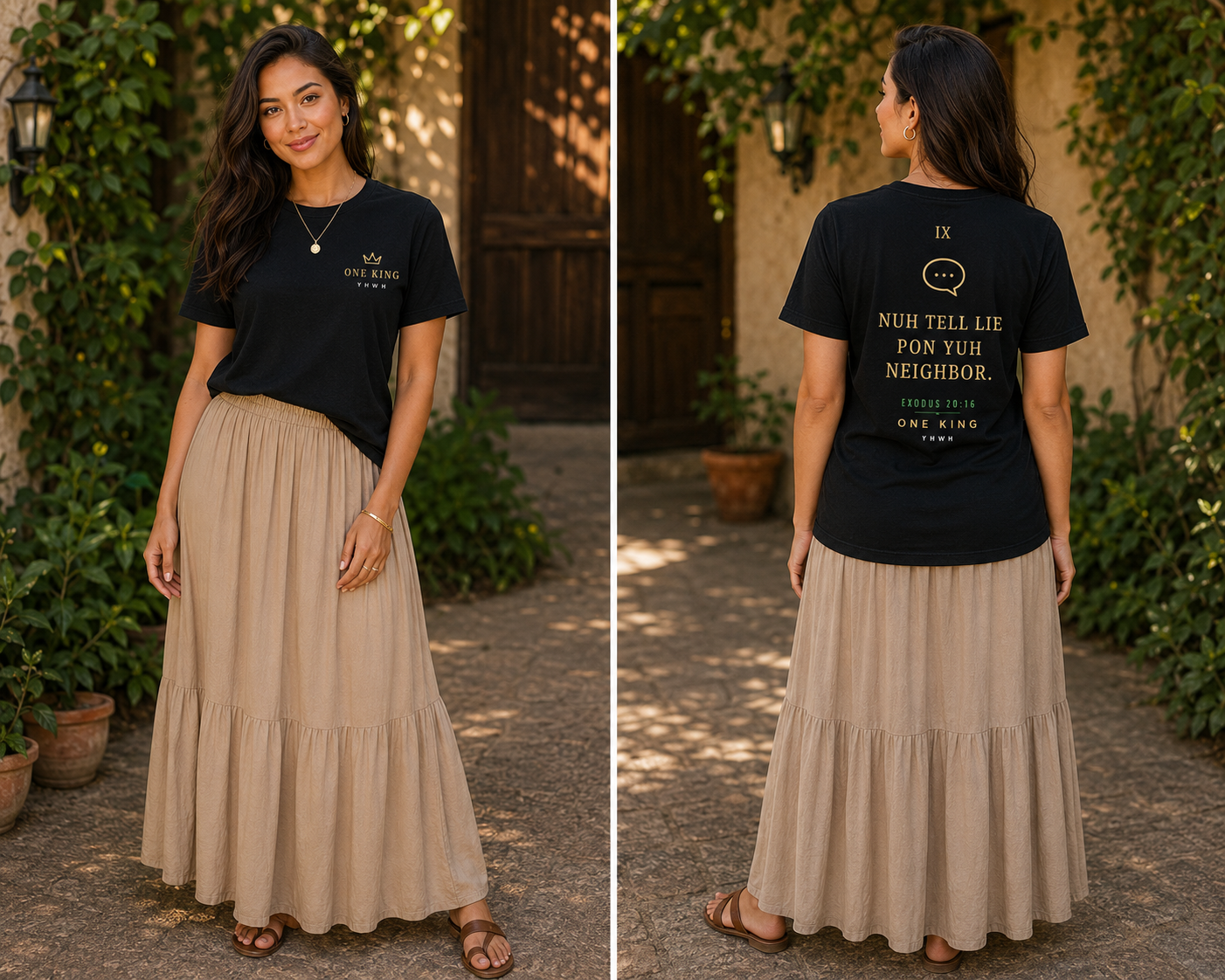 Woman wearing a black t-shirt with text and a beige skirt, standing outdoors. Ninth commandment 9 Nuh tell lie pon yuh neighbor Exodus 20:16