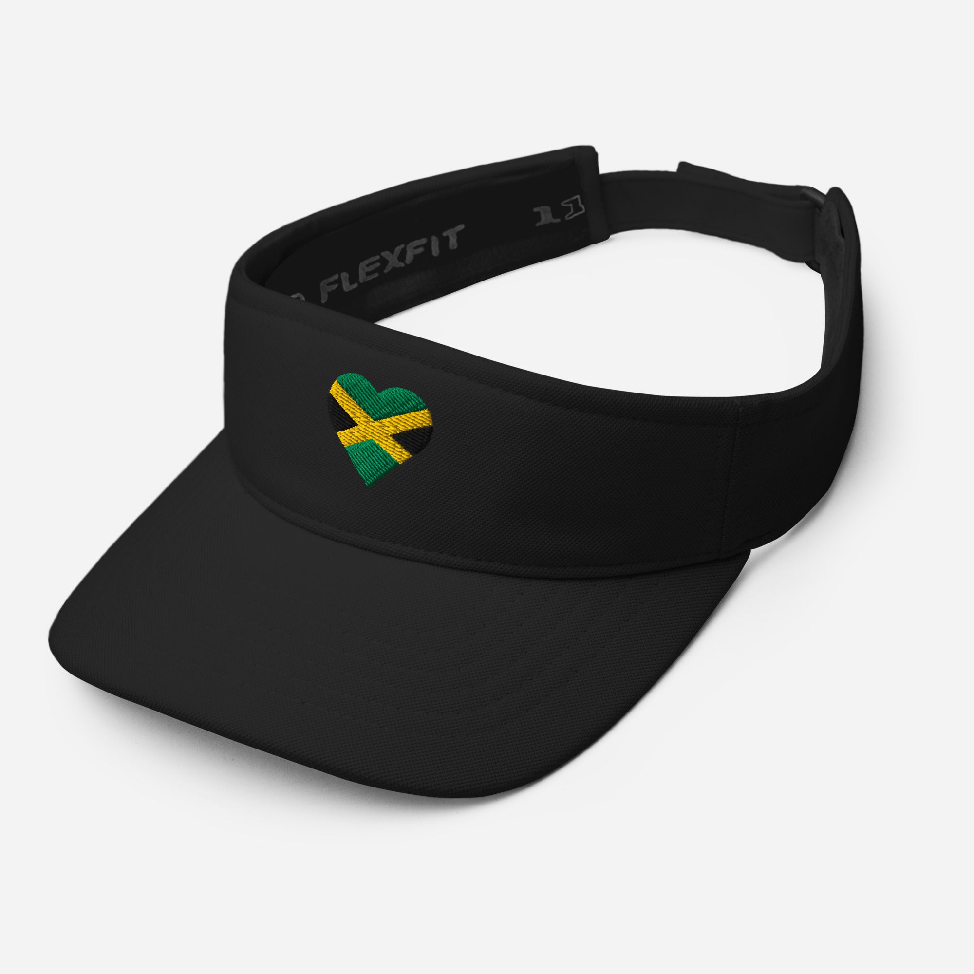 Angled front view of a black visor with an embroidered heart-shaped Jamaican flag.
