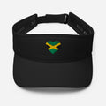 Front view of a black visor embroidered with a heart-shaped Jamaican flag.

