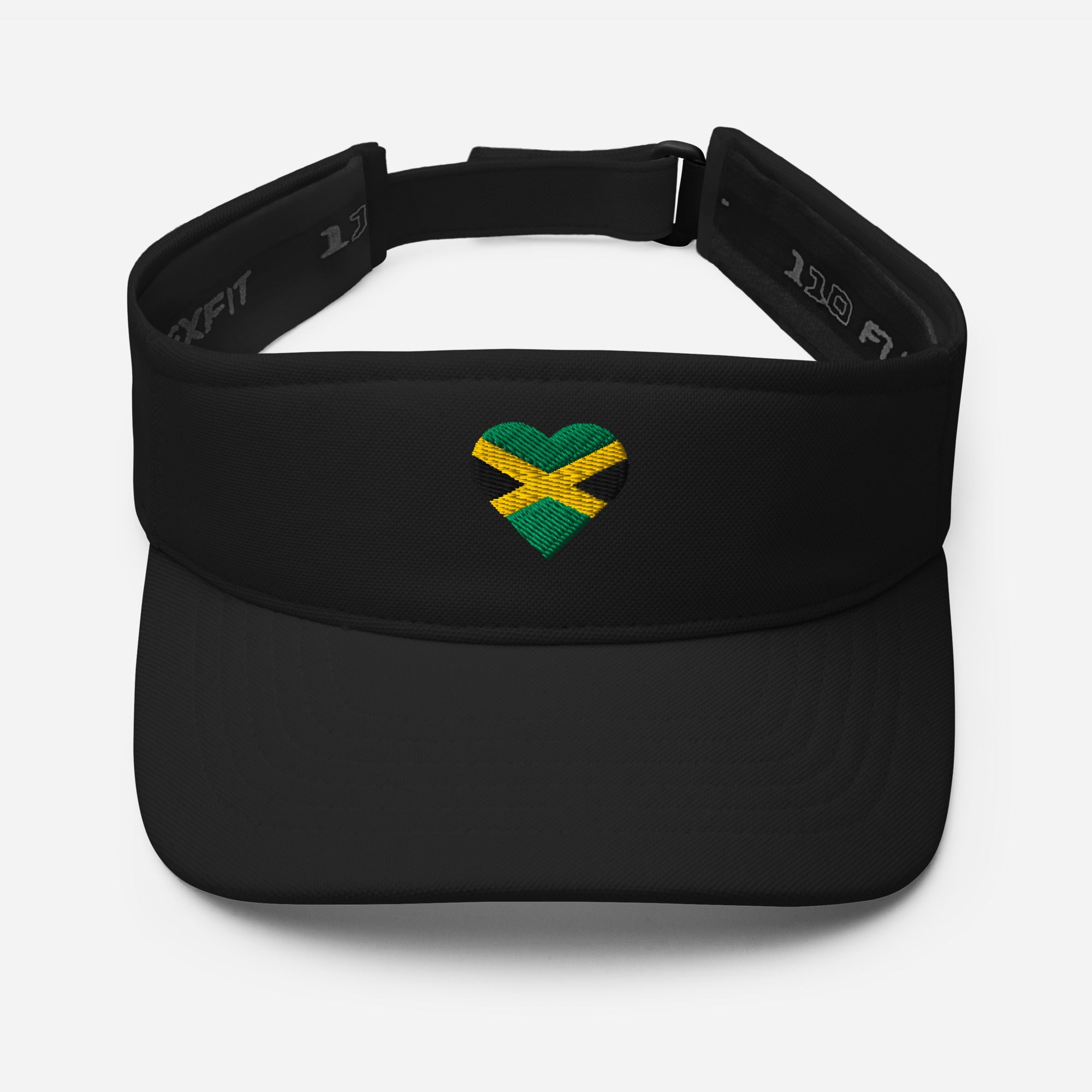 Front view of a black visor embroidered with a heart-shaped Jamaican flag.
