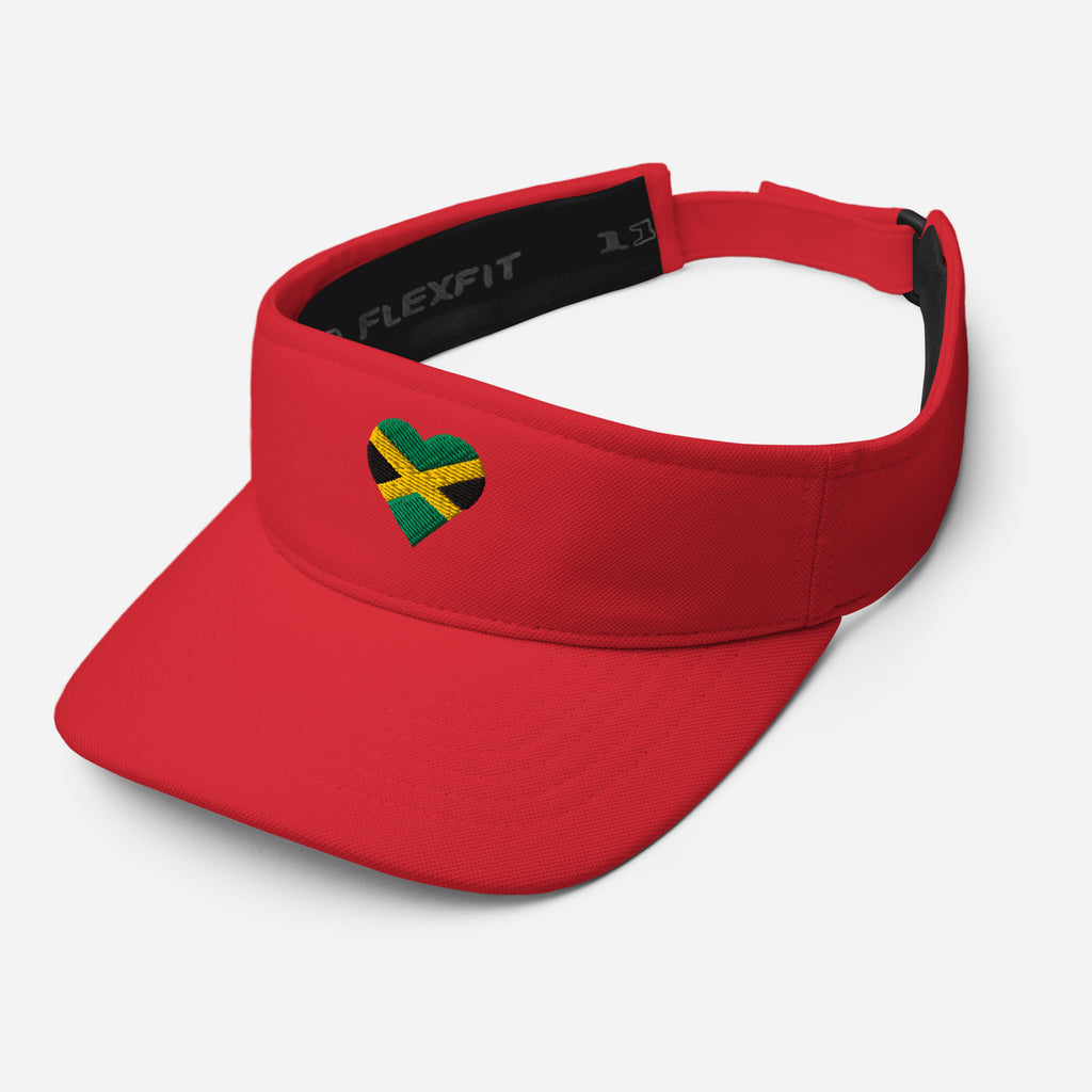 Angled front view of a red visor with an embroidered heart-shaped Jamaican flag.
