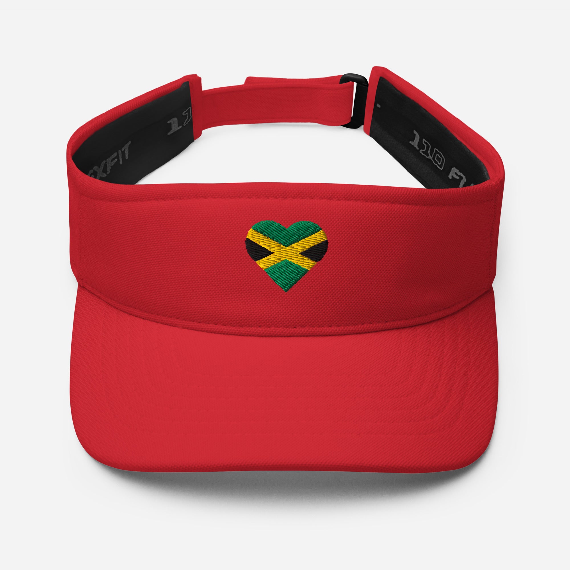Red visor featuring an embroidered heart in Jamaican flag colors.