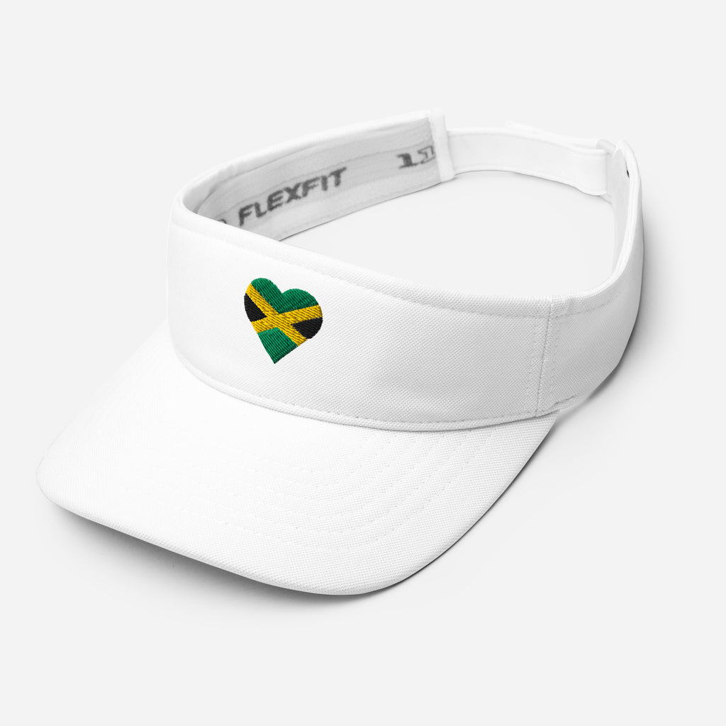 Angled front view of a white visor with an embroidered heart-shaped Jamaican flag.
