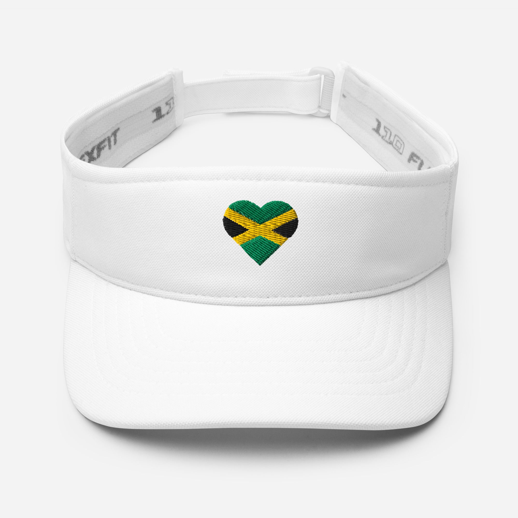 White visor featuring an embroidered heart in Jamaican flag colors.