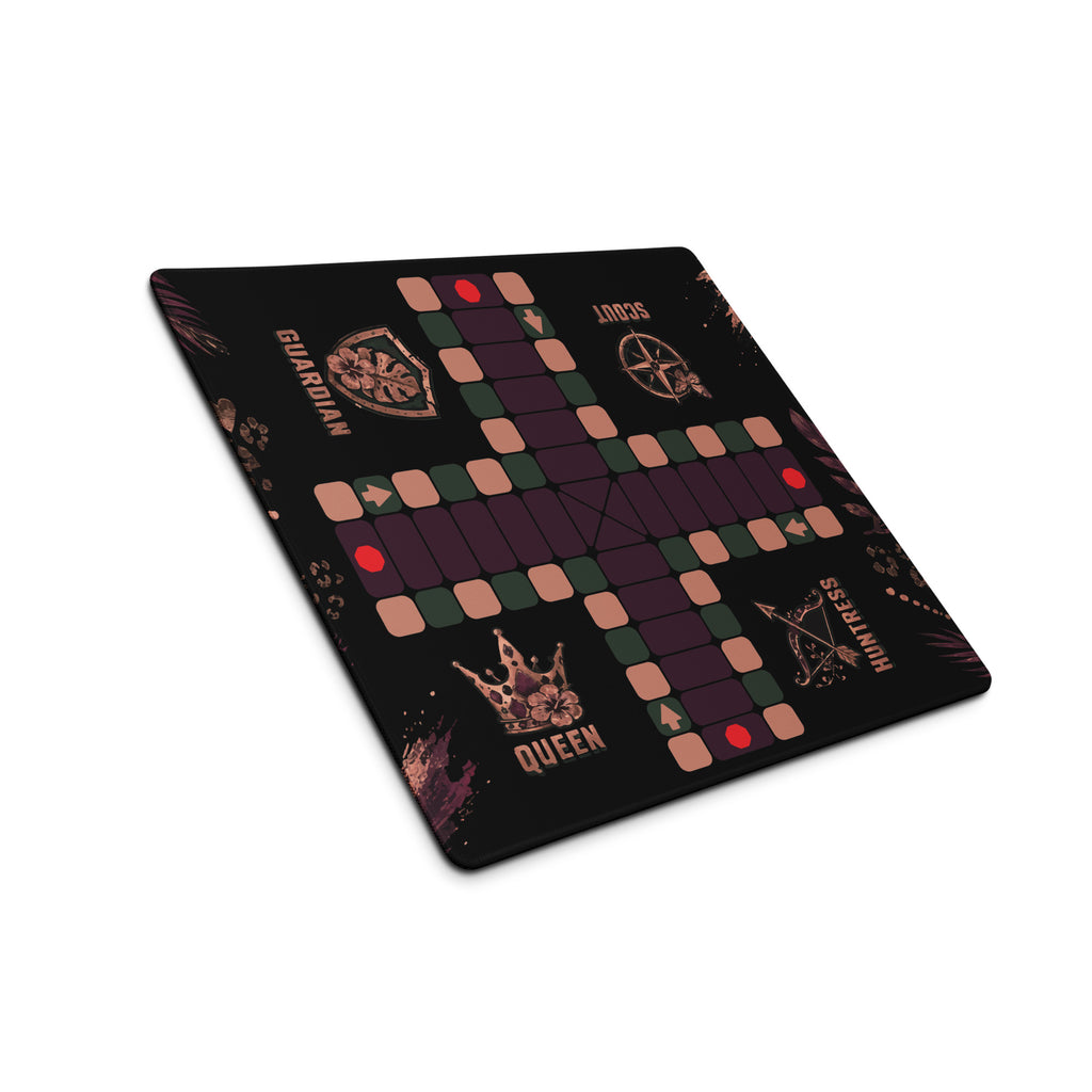 Angled view of the compact 18 × 16-inch Jungle Queen Jamaican Ludi mouse pad featuring plum, rose-gold, emerald, and floral artwork.