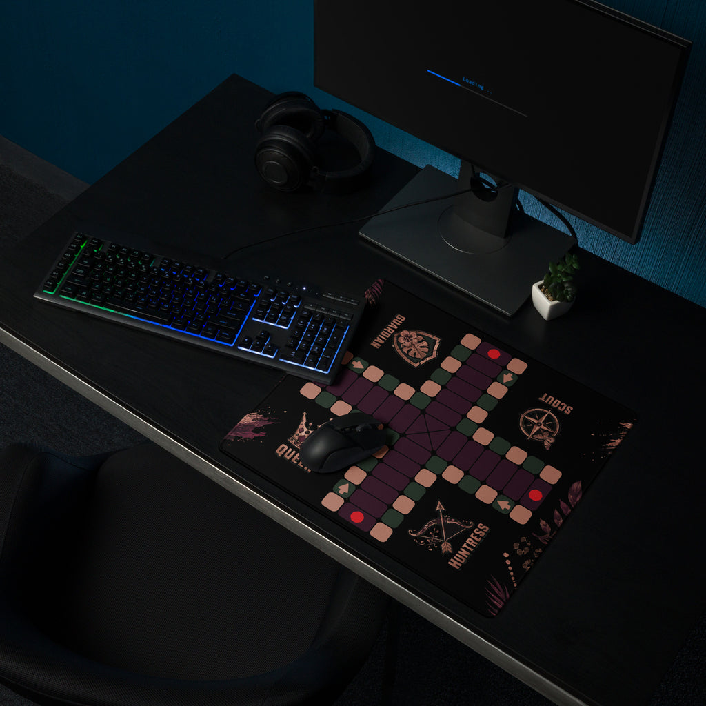 Compact 18 × 16-inch Jungle Queen Jamaican Ludi mouse pad beside a gaming keyboard in a dark computer setup.