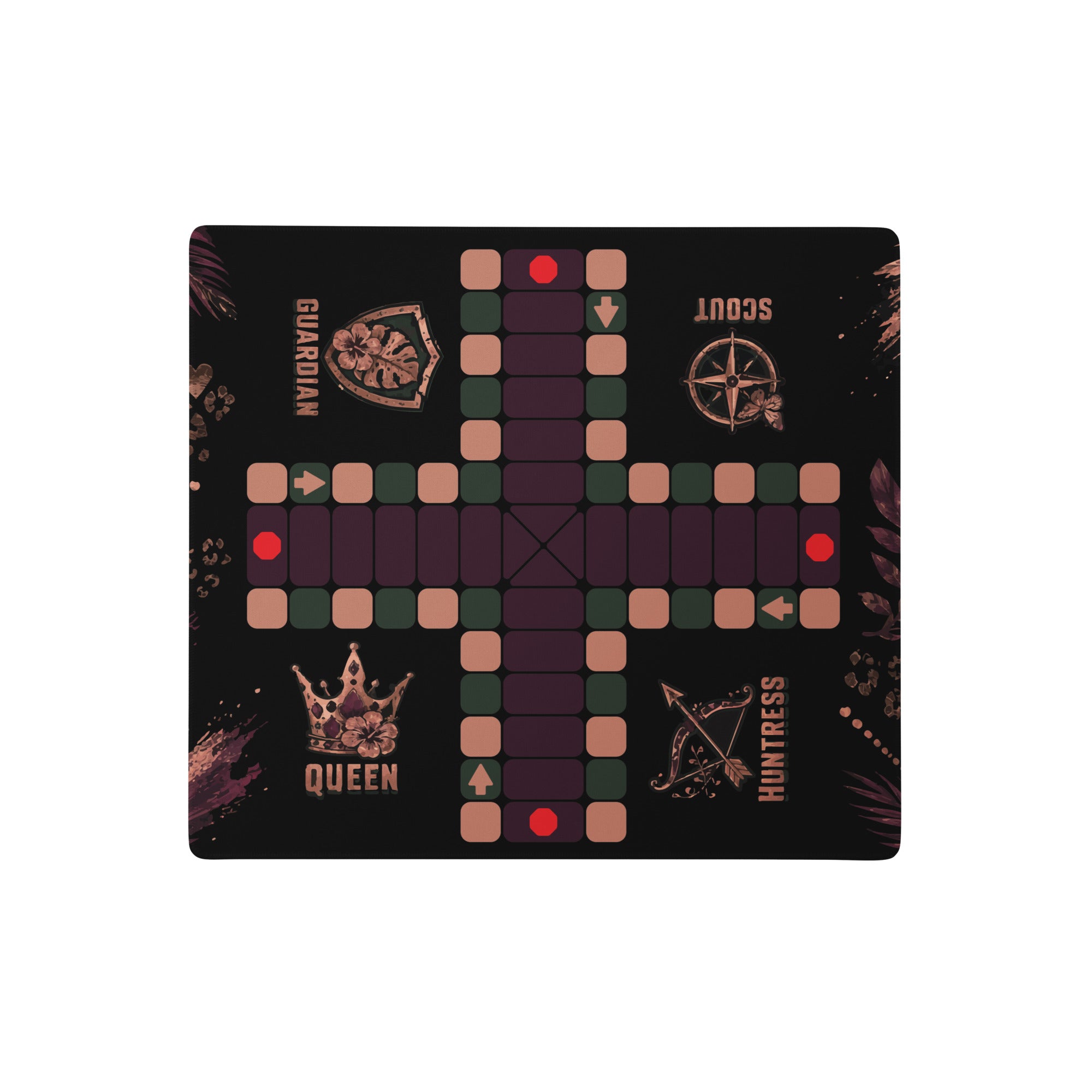 Full top view of the compact 18 × 16-inch Jungle Queen Jamaican Ludi mouse pad showing the Queen, Guardian, Scout, and Huntress player positions.