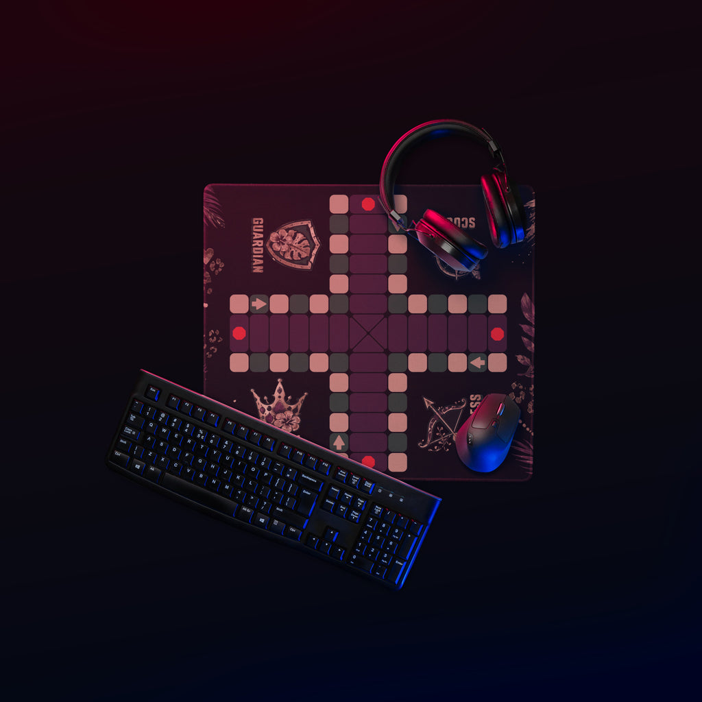 Top-down view of the compact 18 × 16-inch Jungle Queen Jamaican Ludi mouse pad with gaming accessories under pink and blue lighting.