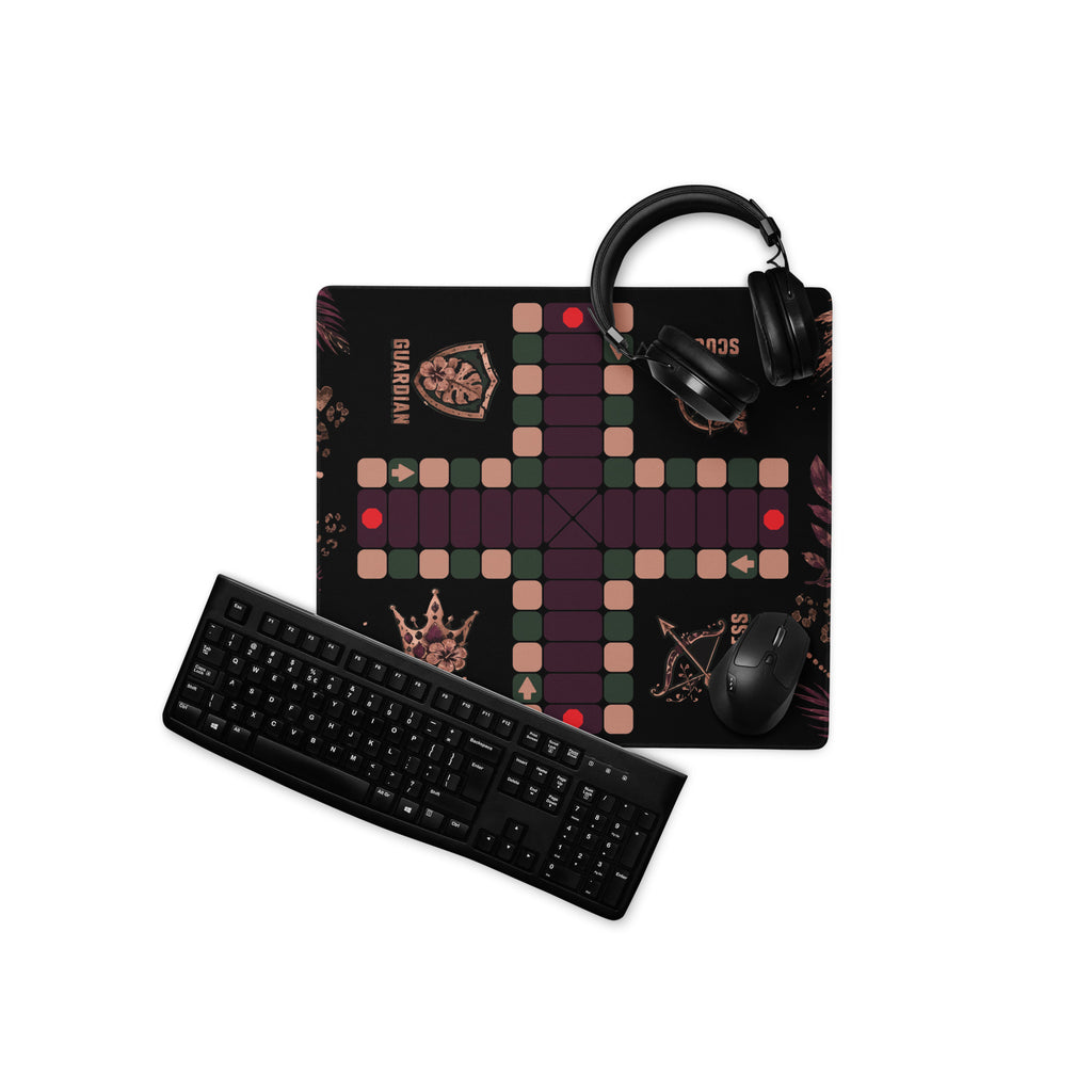 Top-down view of the compact 18 × 16-inch Jungle Queen Jamaican Ludi mouse pad with a keyboard, mouse, and headphones.