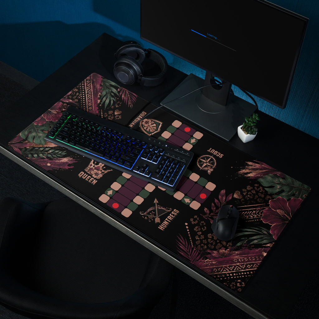 36 × 18-inch Jungle Queen Jamaican Ludi mouse pad beneath a keyboard and mouse in a dark gaming station.