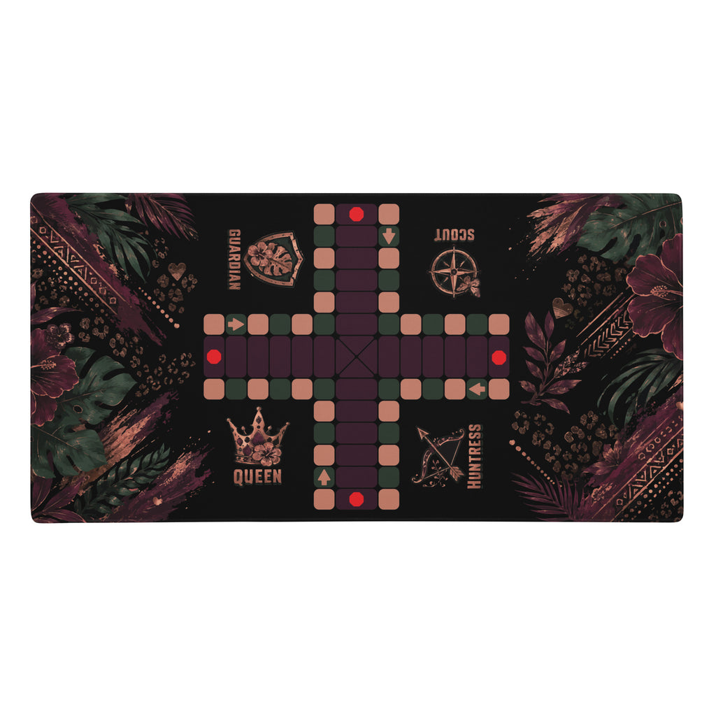 Full top view of the 36 × 18-inch Jungle Queen Jamaican Ludi mouse pad showing the Queen, Guardian, Scout, and Huntress player positions.