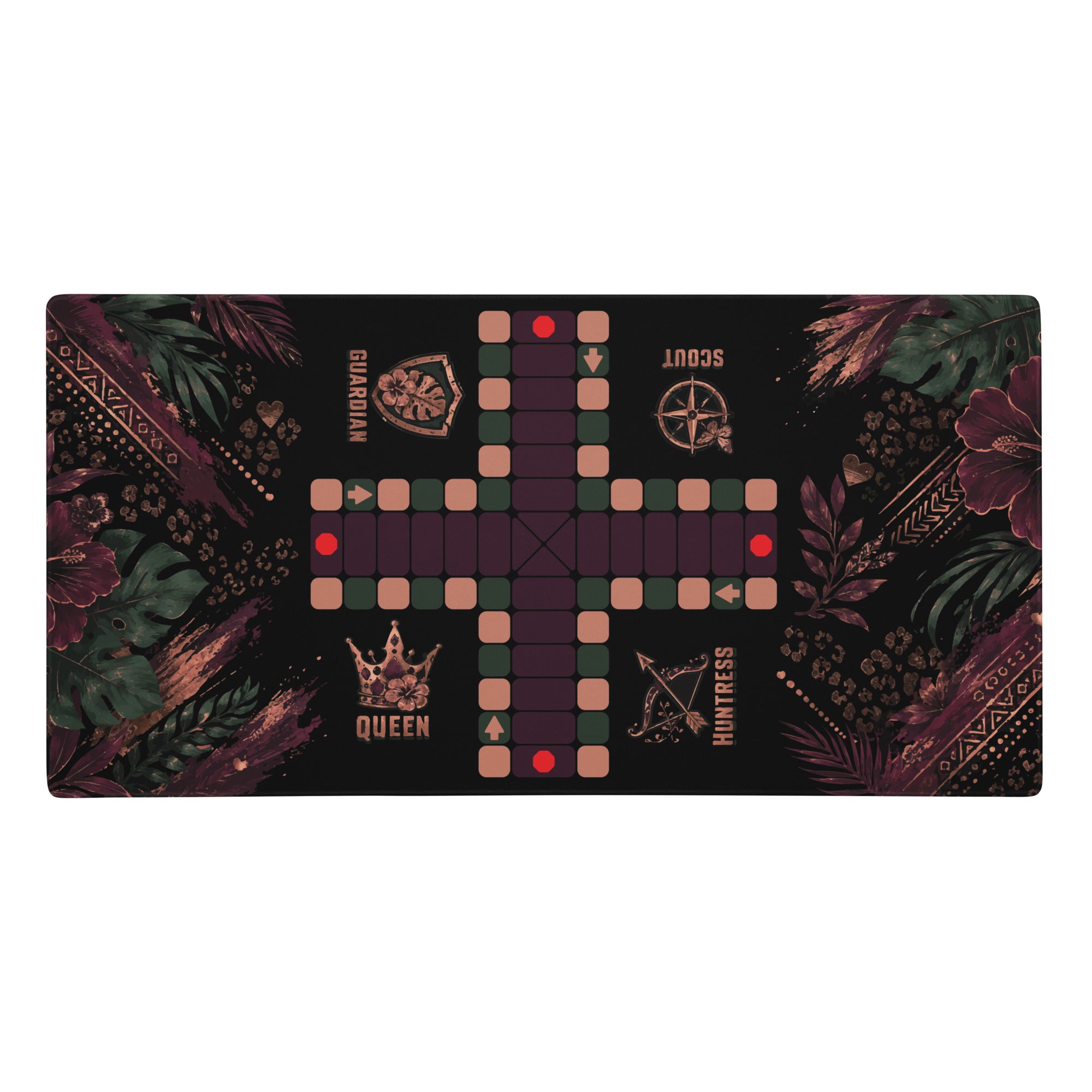 Full top view of the 36 × 18-inch Jungle Queen Jamaican Ludi mouse pad showing the Queen, Guardian, Scout, and Huntress player positions.