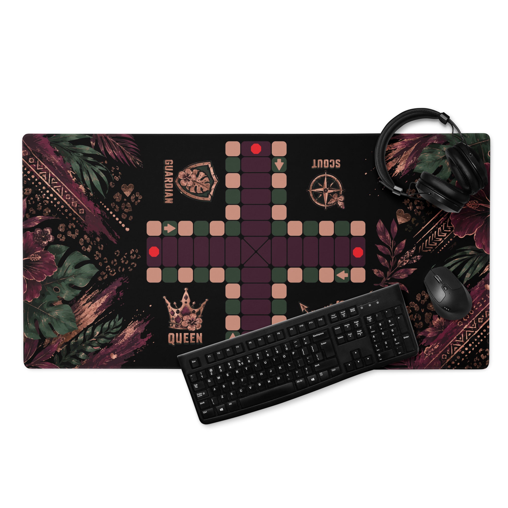 Top-down view of the 36 × 18-inch Jungle Queen Jamaican Ludi mouse pad with a keyboard, mouse, and headphones.