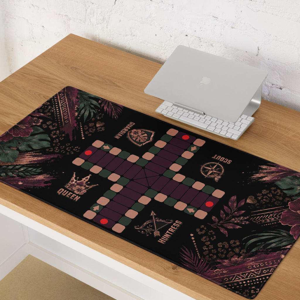 36 × 18-inch Jungle Queen Jamaican Ludi game board mouse pad displayed on a wooden computer desk with the full floral design visible.