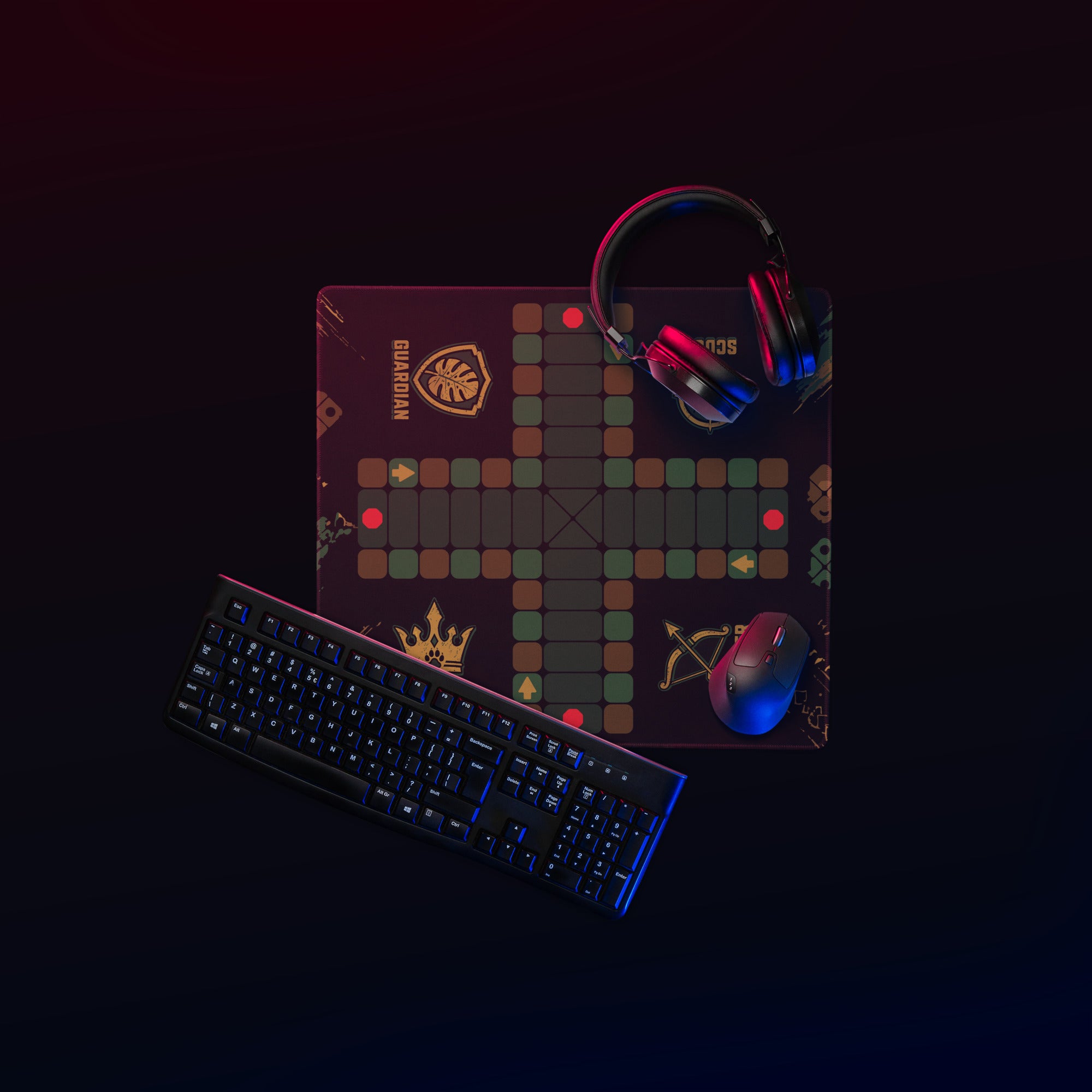 Top-down view of the compact 18 × 16-inch Jungle Roles Jamaican Ludi mouse pad with a gaming keyboard, mouse, and headphones.