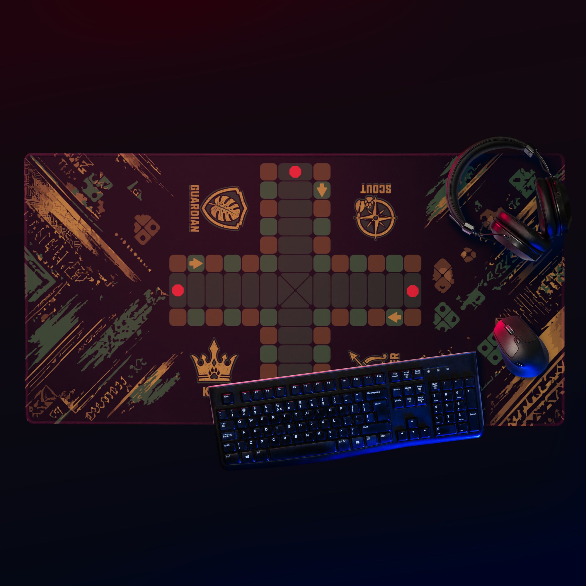 Top-down view of the 36 × 18-inch Jungle Roles Jamaican Ludi mouse pad with a gaming keyboard, mouse, and headphones.