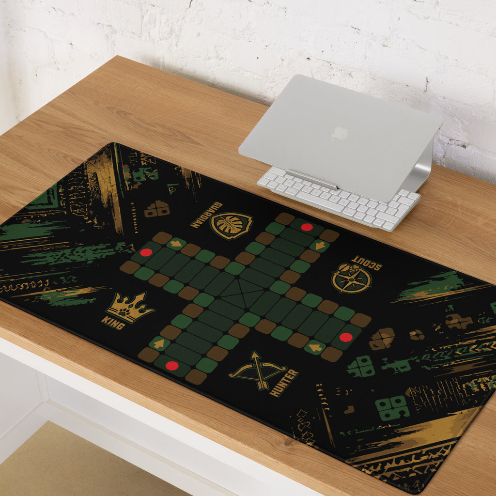 36 × 18-inch Jungle Roles Jamaican Ludi game board mouse pad displayed on a wooden computer desk with the full playing path visible.