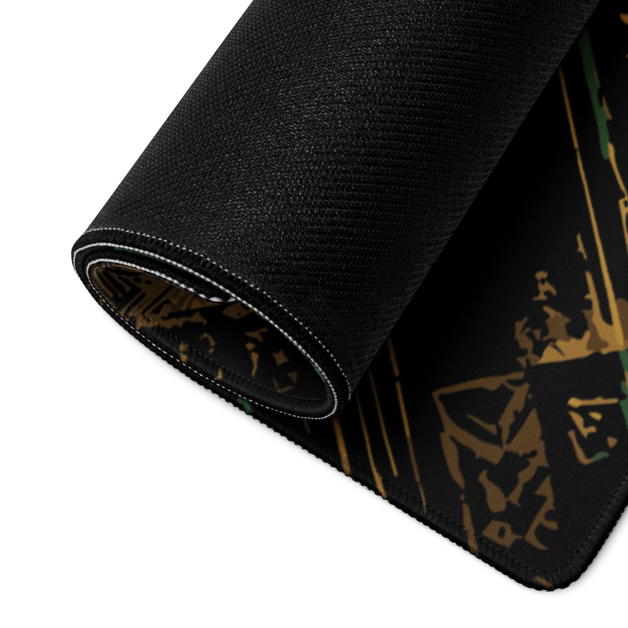 Close-up of the Jungle Roles Ludi mouse pad showing its textured black non-slip rubber base and durable stitched edge.