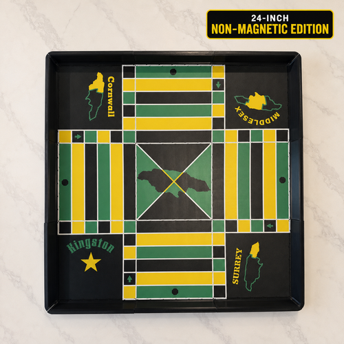 24-inch non-magnetic Lock Pon Stop Jamaican Ludi board in black, green and yellow, shown fully assembled.