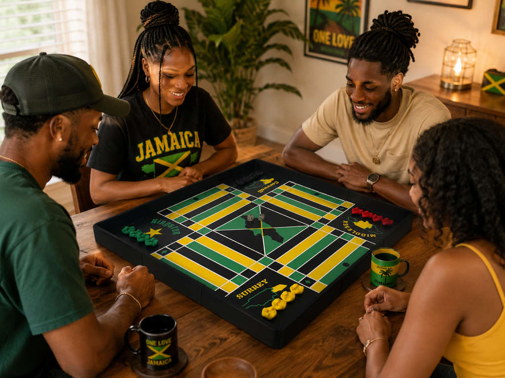 Four friends gathered around a 24x24-inch modular magnetic Jamaican Ludi board, enjoying a game with magnetic stackable pieces and dice in a warm, Caribbean-inspired setting.