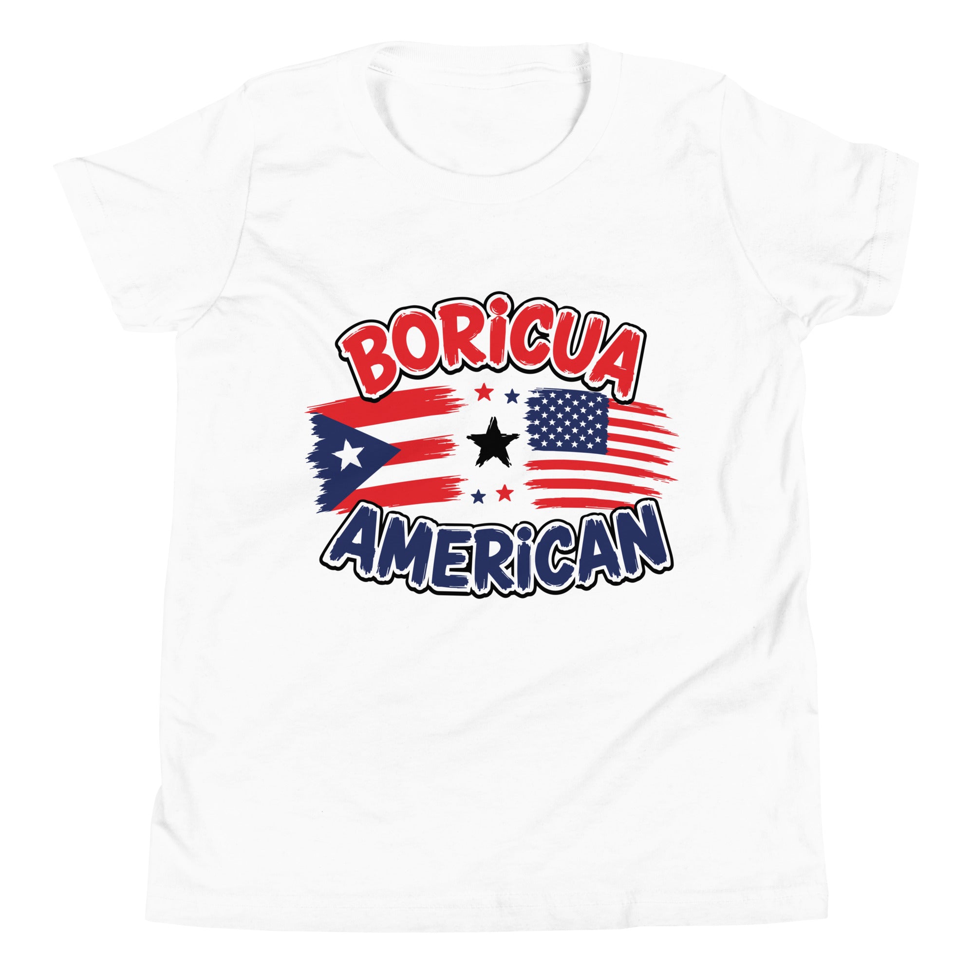 White color Boricua American youth T-shirt with Puerto Rican and U.S. flag design.
